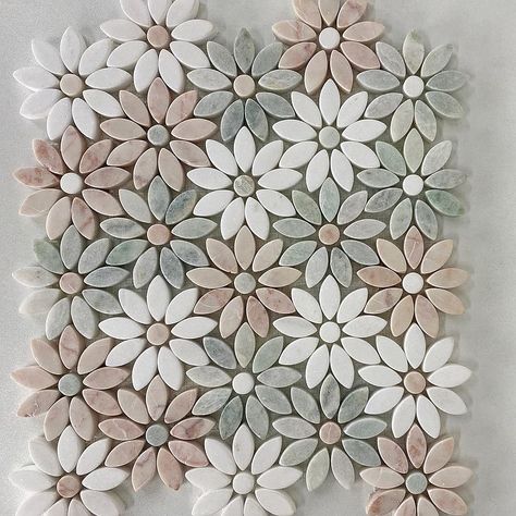 Cute Bathroom Tile Ideas, Bathroom Tiles Mosaic, Daisy Tiles Bathroom, Flower Kitchen Tile, Mosica Tiles Bathroom Design, Flower Mosaic Tile Bathroom, Cool Floor Tile, Floral Shower Tile, Mosaic Tile Laundry Room