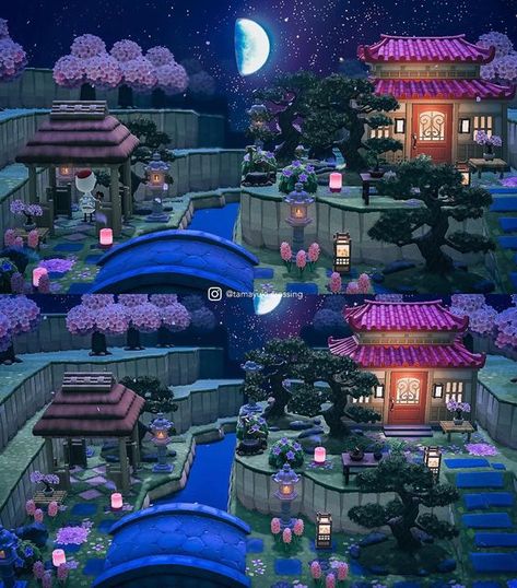 Acnh Japanese Island Ideas, Acnh Korean Island, Acnh Japanese Resident Services, Ghibli Animal Crossing, Animal Crossing Tokyo, Animal Crossing Japanese, Acnh Zen Path Design, Japanese Village Animal Crossing, Acnh Japanese City