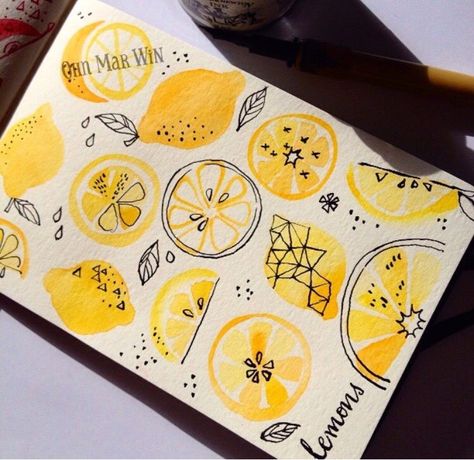 심플한 그림, Lemon Watercolor, School Supply, Arte Sketchbook, Watercolor Inspiration, Bullet Journal Inspiration, Food Illustrations, Drawing Tips, الرسومات اللطيفة