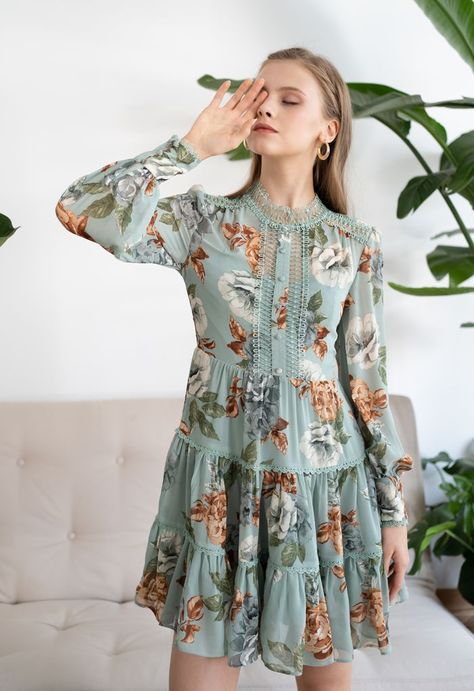 Floral Print Crochet Trim Frilling Chiffon Dress in Green - Retro, Indie and Unique Fashion Long Sleeve Chiffon Dress, Maxi Design, Frilly Dresses, Net Dress, Women Blouses Fashion, Pakistani Fashion Casual, Indian Gowns Dresses, Modesty Fashion, Casual Shirt Women