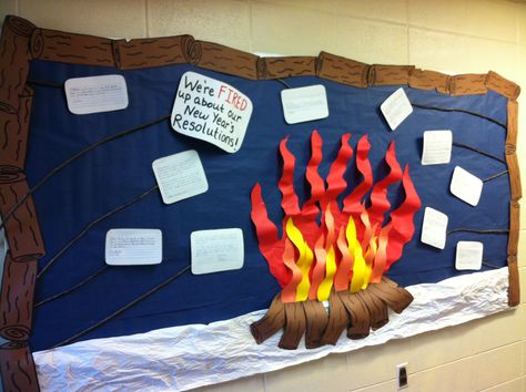 A writing bulletin board on New Year's resolutions Fire Safety Ra Board, Bonfire Bulletin Board, Fire Bulletin Board, Campfire Background, New Year Bulletin Boards For School 2022, New Year’s Resolution Bulletin Board, Camping Bulletin Boards, Writing Bulletin Boards, January Bulletin Boards