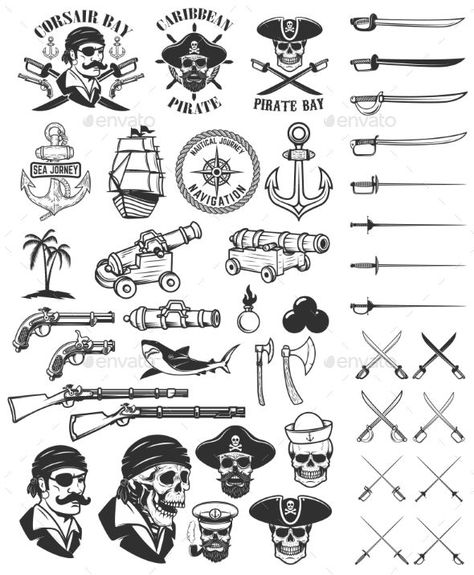 Pirates Design Elements. Corsair Skulls, Weapon - Miscellaneous Vectors Pirate Tattoo Simple, Small Pirate Tattoo, Pirate Hand Tattoo, Pirates Tattoo Ideas, Pirate Tattoo Ideas, Pirate Tattoo Design, Pirates Design, Pirate Skull Tattoos, Pirate Ship Tattoo