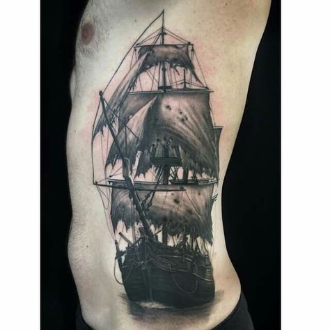 Ghost ship by Ryan Flaherty Tattoo Logan Tattoo, Sea Tattoo Sleeve, Pirate Ship Tattoos, Nautical Tattoo Sleeve, Pirate Ship Tattoo, Skull Rose Tattoos, Pirate Tattoo, Sea Tattoo, Nautical Tattoo