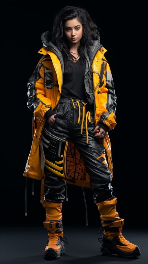 Cyberpunk techwear fighting wear look and clothes, octane render, full body, Chinese teenagers model, highly detailed and intricate, golden ratio, vibrant colors, hyper maximalist, futuristic, techwear Orange Cyberpunk Outfit, Yellow Techwear, Colorful Techwear, Cyberpunk Character Art Female, Chinese Cyberpunk, Teach Wear, Futuristic Techwear, Female Cyberpunk, Cyberpunk Character Art