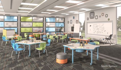 Smith System Classroom featuring Oodle stool and Elemental Line Tables. Set low for k-3 Environment. Udl Classroom, Movable Table, Smith System, White Tables, Library Seating, Flexible Seating Classroom, Preschool Furniture, Classroom Interior, School Tables