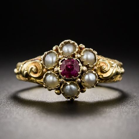 Rubies And Diamonds Ring, Ruby Ring Antique, Victorian Ruby Ring, Antique Pearl Ring, 1800s Ring, Pearl And Ruby Ring, Victorian Style Ruby Ring In 14k Gold, Pearl Ruby Ring, Victorian Gold Rings With Ruby