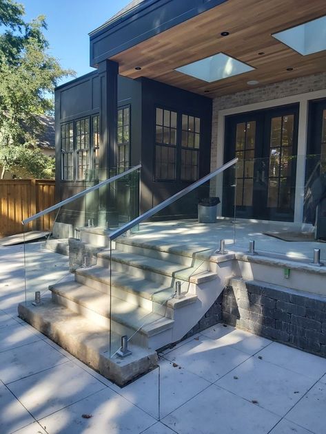 Front Porch Glass Railing, Stair Panels, Exterior Railing, Outdoor Railing, Exterior Handrail, Modern Outdoor Fountains, Glass Railing Stairs, Outside Steps, Stair Paneling