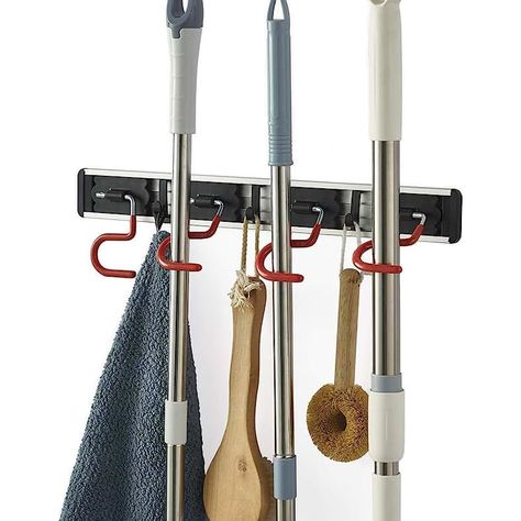 Amazon.com: Apartment Essentials Broom Rack, Mop And Broom Holder, Broom Hanger, Broom Closet, Mop Holder, Broom Holder, Stainless Steel Railing, Mops And Brooms, Studio Wall