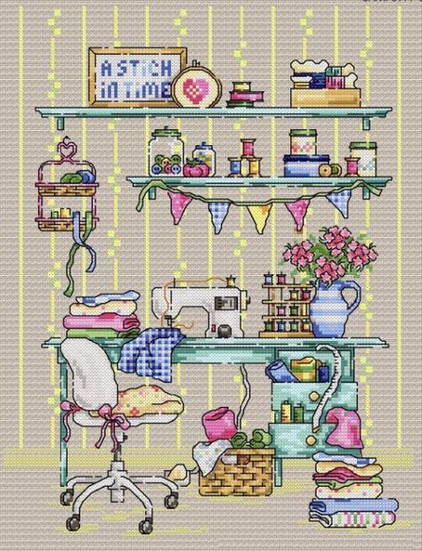 Sewing Room Cross Stitch, Sewing Room Cross Stitch Pattern, Sewing Machine Cross Stitch Pattern, Free Cross Stitch Designs, Blackwork Patterns, Sewing Machine Projects, Cross Stitch Thread, Stitch Pictures, Crochet Embroidery