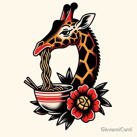 Traditional Tattoo Graphic Design, Traditional Giraffe Tattoo, Traditional Virgo Tattoo, Animal Tattoo Traditional, Animal Traditional Tattoo, American Traditional Animals, Funny Traditional Tattoos, Old School Animal Tattoo, Giraffe Tattoo Design