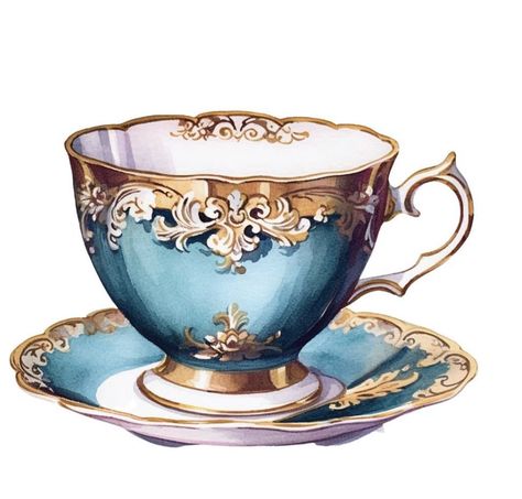 Blue Tea Cups Vintage Teacups, Victorian Tea Cup, Watercolor Teacup, Tea Cup Drawing, Time Clipart, Tea Cup Art, Logos Vintage, Tea Illustration, Coffee Cup Art