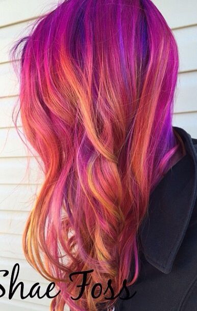 pink orange purple hair                                                                                                                                                                                 More Orange Purple Hair, Sunset Hair, Pink Orange Purple, Vivid Hair Color, Hair Idea, Google Plus, Bright Hair, Wild Hair, Colored Hair