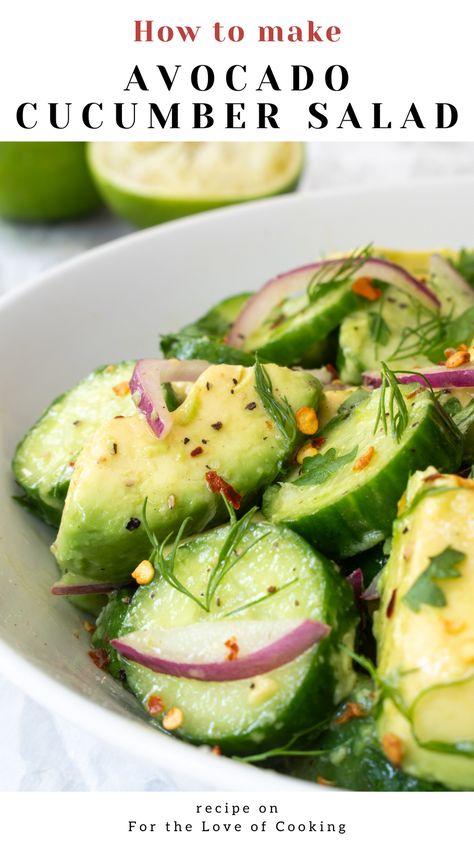 Creamy avocados and crunchy cucumbers are the stars of this simple and delicious herb avocado cucumber salad with a lime vinaigrette.  New Recipe ~ Avocado Cucumber Salad  Link: https://fortheloveofcooking.net/recipe/avocado-cucumber-salad  #recipe #saladrecipe #avocado #Cucumber #Dill #cilantro #vegetarianrecipes #summersalad #salads #EasyRecipes Cucumber And Avocado Salad, Recipe Tin Eats, Avocado Cucumber Salad, Tin Eats, Cilantro Salad, Cucumber Avocado Salad, Avocado Cucumber, Cucumber Dill, Cucumber Avocado