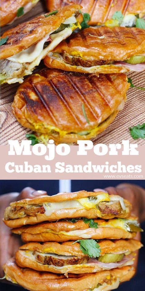 Mojo Pork Cuban Sandwiches - Ev's Eats Cuban Sandwiches, Mojo Pork, Cuban Dishes, Boricua Recipes, Cuban Cuisine, Cuban Sandwich, Dill Pickles, Hispanic Food, Cuban Recipes