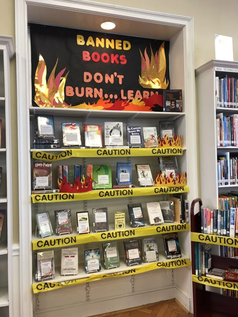 Banned Books Display School Libraries, Banned Books Library Display, Banned Books Week Library Display, Banned Books Bulletin Board, Banned Books Aesthetic, Banned Books Week Activities, Banned Book Display, Middle School Library Displays, Banned Books Display