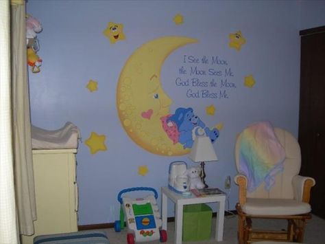 Our Carebear Care Bear Nursery, Bear Mural, Unique Nursery Ideas, Bear Nursery Theme, Nursery Photos, Boys Room Diy, Care Bear Party, House Shifting, Kids Room Murals