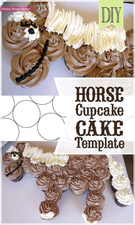 Horse Cupcake Cake Template - Unicorn cupcake cake - horse birthday cake - by Press Print Party! Horse Cupcake Cake, Unicorn Cupcake Cake, Horse Birthday Cake, Cowgirl Cakes, Cowboy Cakes, Horse Birthday Parties, Cake Kids, Cake Templates, Horse Cake