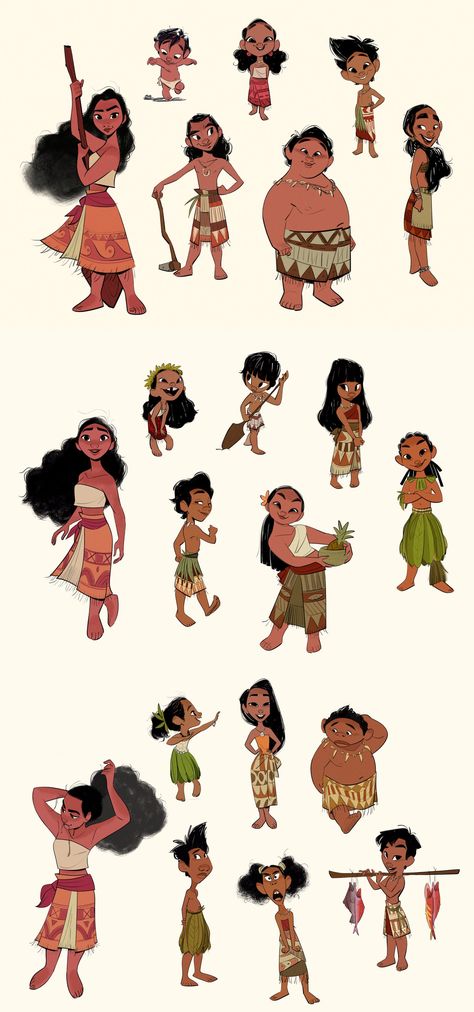 bobbypontillas: Moana’s out in theaters today! After animation wrapped on Big Hero, I had the opportunity to help out with design on Moana.  One of my assignments was to design the village kids from her island of Motunui.  I hoped to bring a sense of authenticity to how they looked, and to make them real for me I thought a lot about watching my little cousins grow up back in the Philippines =) Thankful for them! Disney 2d Animation Character Design, Luca Character Design, Village Character Design, Islander Character Design, Moana Village, Polynesian Character Design, Moana Character Design, Hawaiian Character Design, Character Design Pixar