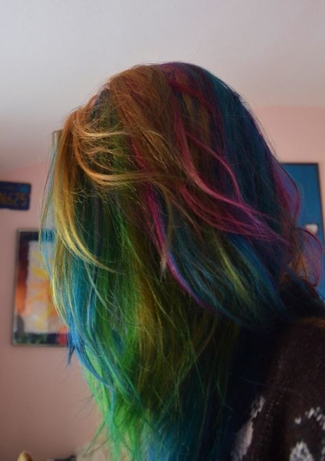 Rainbow dark hair Rainbow Dash Hair, Oil Spill Hair, Camp Hairstyles, Light Auburn Hair Color, Rainbow Highlights, Light Auburn Hair, Light Blue Hair, Rainbow Hair Color, Dyed Blonde Hair