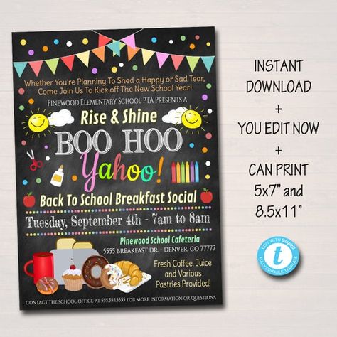 EDITABLE Boo Hoo Yahoo Breakfast Social Printable PTA PTO Flyer Invite School Fundraiser Poster, Back To School Invite, Printable Invitation Fundraiser Poster, Pta Organization, Pto Flyers, Charity Work Ideas, Back To School Breakfast, Pta School, School Breakfast, Fundraising Tips, Thrifty Thursday