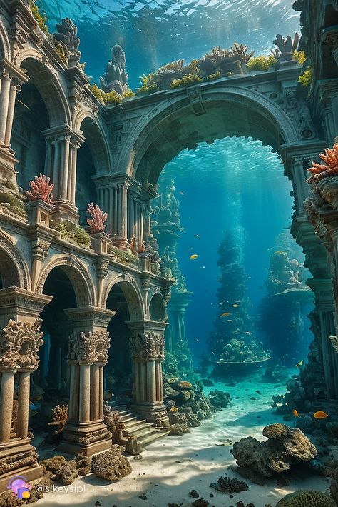 Explore the depths of Neptune's domain through this AI-generated seascape. Majestic columns and intricate arches tell tales of a lost underwater civilization, imagined by advanced technology. #NeptuneRealm #DigitalMythology #StableDiffusionArt Underwater Cave Entrance, Lost City Of Atlantis Aesthetic, Mermaid Village, Underwater Civilization, Seaside Kingdom, Mermaid City, Atlantis Art, Underwater Castle, City Under The Sea