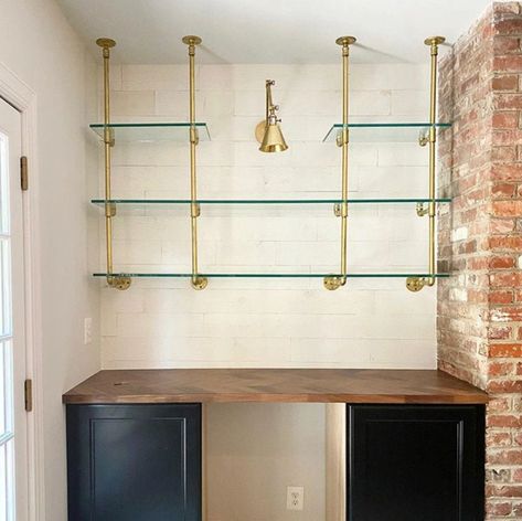 Brass And Glass Shelves, Brass Bar Shelves, French Bistro Shelves, Bistro Shelves, Bistro Shelving, Bar Nook, Home Wet Bar, Brass Shelves, Closet Bar