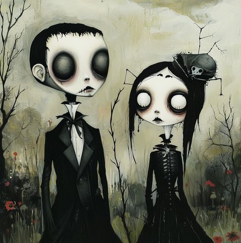 Dead Cute Couple 🖤

#goth #gothart #art #fantasy #kunst #mycreation Goth Aesthetic Painting, Romantic Goth Art, Goth Couple Art, Dark Surrealism Art, Goth Couple, Christmas Catering, Gothic Artwork, Creepy Drawings, Goth Wallpaper