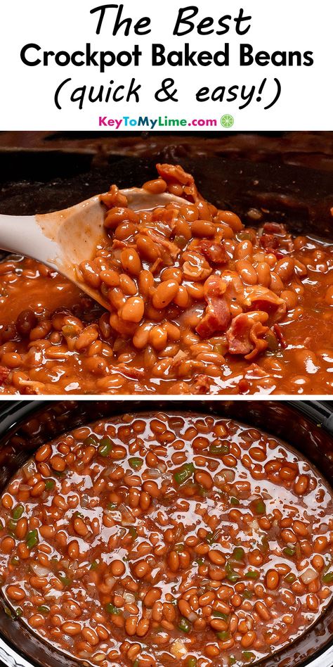 Two images of crockpot baked beans, with title text at the top. Crockpot Baked Beans With Bacon, Crockpot Baked Beans, Beans Recipe Crockpot, Baked Beans Crock Pot, Canned Baked Beans, Baked Beans With Bacon, Beans With Bacon, Beans In Crockpot, Baked Beans Recipe