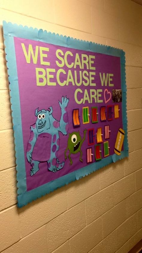 Monster Inc Bulletin Board, Monsters Inc Bulletin Board Ideas, Monster Inc Door Decorations, Monsters Inc Bulletin Board, Pixar Christmas, Monsters Inc Decorations, Monsters Inc Doors, Ra Decorations, Fall Classroom Door