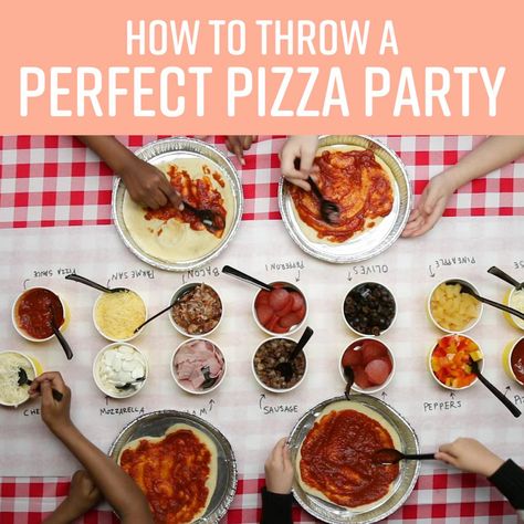 How To Throw A Perfect Pizza Party For Your Kids Pizza Making Party Ideas, Different Pizza Ideas, Pizza Party Sleepover, Pizza Party Ideas Birthday Kids, Make Your Own Pizza Party, Kids Pizza Making Party, Pizza Making Party, Pizza Dinner Party, Kids Pizza Party