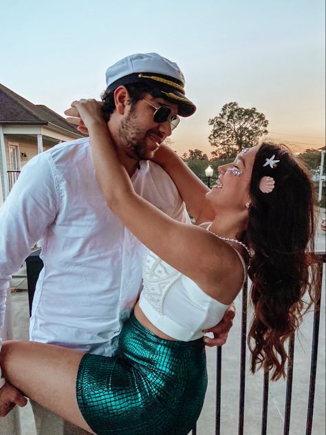 Captain Couples Costume, Mermaid And Sailor Costume Couple, Mermaid And Captain Costume, Mermaid Couple Costume, Mermaid And Sailor Costume, Siren Costume, Captain Costume, Mermaid Halloween, Mermaid Costume