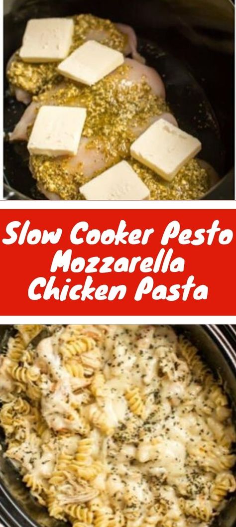 Pesto Mozzarella Chicken Pasta, Mozzarella Chicken Pasta, Lemon Pesto Chicken, Pesto Mozzarella Chicken, Pesto Mozzarella, Resep Pasta, Oven Baked Chicken Breasts, Slow Cooker Pasta, Chicken Pesto