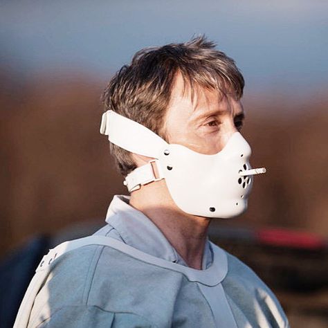 Mads on the set of Wrath of the Lamb Hannibal Stickers, Hannibal Lecter Mask, Hannibal Mask, Frederick Chilton, Hannibal Cast, Hannibal Lecter Series, Hannibal Funny, Nbc Hannibal, Hannibal Lecter