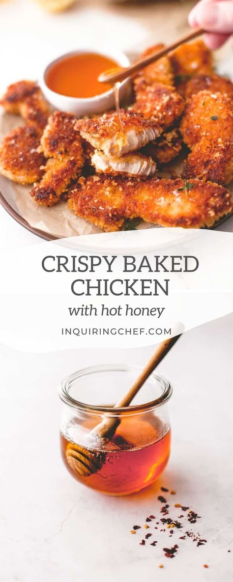 Chicken With Hot Honey, Crispy Baked Chicken Tenders, Hot Honey Chicken Tenders, Honey Chicken Tenders, Homemade Hot Honey, Honey Chicken Breast, Spicy Chicken Tenders, Honey Baked Chicken, Baked Chicken Strips