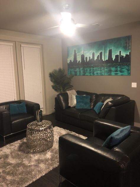 Black White Grey Teal Living Room, Black Teal Living Room, Teal And Black Living Room, Teal And Brown Living Room Ideas, Living Room Themes Apartment, Teal Living Room Ideas, Teal Living Room, Black Couch Living Room, Housing Decor