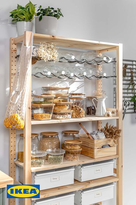 Open Shelving Food Storage, Open Food Storage Kitchen, Ikea Pantry Shelf, Ikea Open Pantry, Hejne Ikea Kitchen, Ikea 365+ Storage Food Containers, Ivar Ikea Pantry, Ikea Shelves Kitchen, Ivar Kitchen Storage