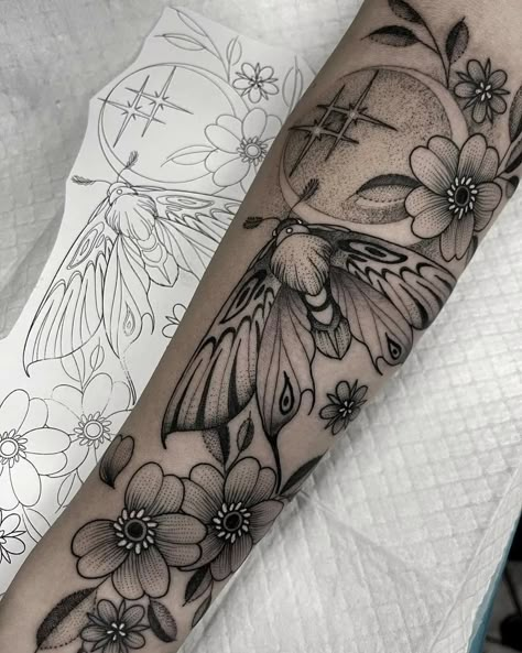 Colored Forearm Tattoo Women, Feminine Cover Up Tattoos For Women, Flower Cover Up Tattoo Before And After, Feminine Half Sleeve Tattoo Forearm, Cute Knee Tattoo, Black Moth Tattoo, Moth Tattoos For Women, Floral Moth Tattoo, Moth Mandala