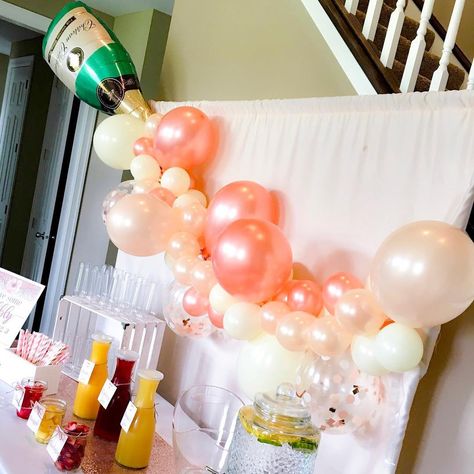 Champagne Brunch Bridal Shower Ideas Mimosa Bar, Mimosa Party Decorations, Mimosa Bar Backdrop, Bridal Brunch And Bubbly, Pink And Peach Bridal Shower Decor, Brunch Ideas Bachelorette, Botox And Bubbly Party Decor, Bridal Shower Mimosa Theme, Brunch And Bubbly Decor