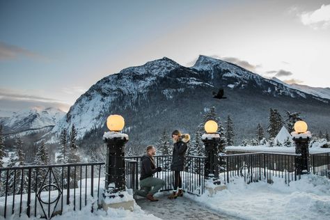 Banff Springs Hotel Surprise Proposal - Banff Proposal Photographer via Kim Payant Photography, Banff Springs Hotel Surprise Corner Winter Engagement Photos, Winter Proposal, Winter engagement, mountain engagement, Banff engagement and proposal photographer, #Banffengagementphotographer #banffwinterengagementphotos #winterengagementphotoinspiration #mountainengagement #mountainproposal #banffproposalphotographer National Park Couple Photos, Park Couple Photos, Proposal Mountain, National Park Proposal, Sunrise Proposal, Mountain Proposal, Romantic Winter Getaways, Banff Winter, Banff Engagement