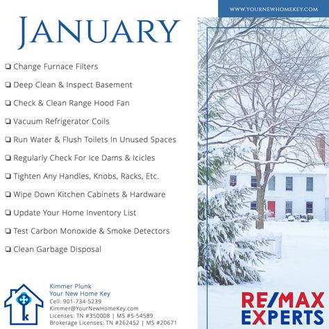 Make proper home maintenance your New Years resolution this year! Did you know: - An unmaintained home loses about 10% of its appraised value - Every dollar spent on maintenance prevents up to $100 of repair costs Use this checklist to help prevent breakdowns, save money, and keep your home looking its best. If you need a referral to complete any part of the list, give me a call or send me a message! 📲 ☎️ 901-734-5239 📧 Kimmer@YourNewHomeKey.com January Home Maintenance Checklist, January Home Maintenance, Garbage Disposal Cleaning, Homeowner Tips, Home Appraisal, Ice Dams, Home Maintenance Checklist, Maintenance Checklist, Furnace Filters