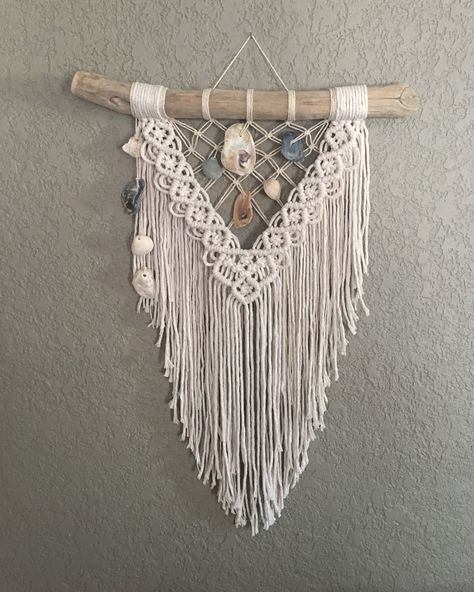 Driftwood and sea shells from Matagorda Beach macrame wall hanging by Ms. Katie Made. Mskatiemade.com ❤️ Driftwood And Macrame Wall Hangings, Macrame Wall Hanging On Driftwood, Macrame And Shells, Macrame With Shells Wall Hanging, Driftwood And Macrame, Beach Macrame Wall Hangings, Beachy Macrame Wall Hanging, Seashell Macrame Wall Hanging, Macrame Shell Wall Hanging