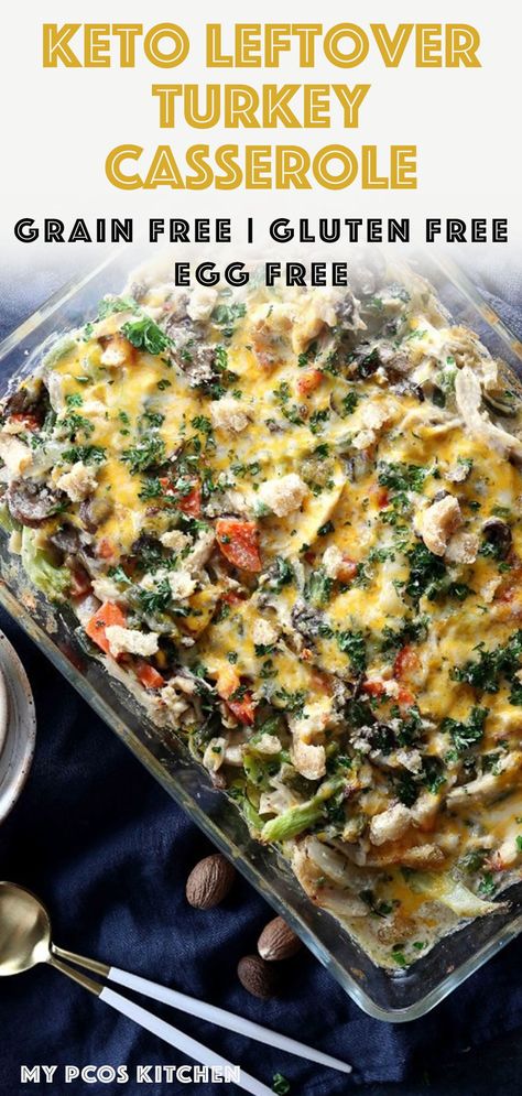 Keto Turkey Leftover Casserole Recipe - My PCOS Kitchen - The best cheesy casserole you'll ever make! Filled with leftover turkey or chicken and healthy vegetables. Perfect for the day after Thanksgiving or Christmas! #leftoverturkey #thanksgivingleftover #turkeycasserole #lowcarbcasserole #ketocasserole #ketothanksgiving #lowcarbdinner #chickencasserole Keto Thanksgiving Leftover Recipes, Keto Turkey Casserole Recipes Leftover, Keto Turkey Leftover Recipes, Keto Turkey Recipes, Vegetables Casserole, Turkey Casserole Recipes Leftover, Shrimp Keto, Keto Turkey, Turkey Casserole Recipe