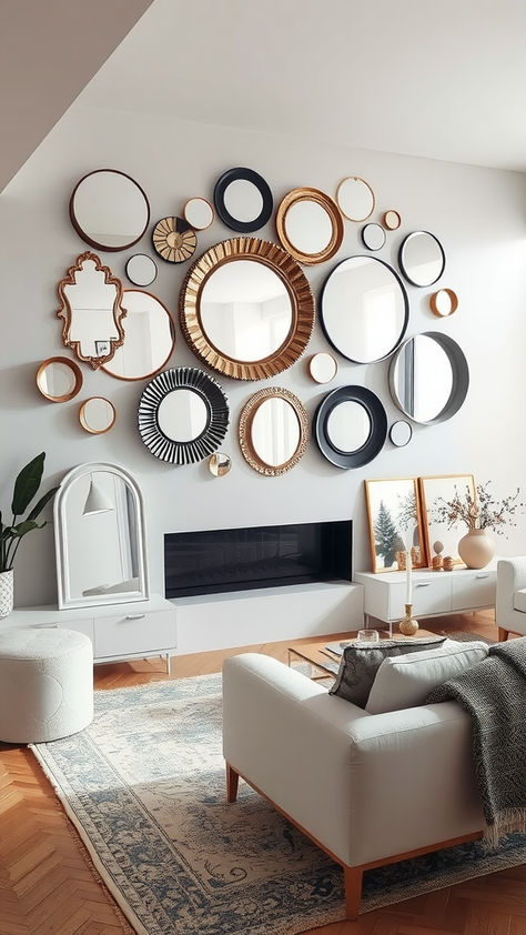 College dorm room aesthetic vintage meets modern mirror artcreate a space you'll love! Learn more. #CollegeDormRoomAestheticVintage #MirrorArt Gallery Wall Around Round Mirror, Mirror Wall Collage Ideas, Small Wall Mirror Decor Ideas, Mirror Collage Wall Living Room, Multiple Mirrors On Wall Living Room, Multiple Mirrors On Wall, Mirror Art Ideas, Mirror Collage Wall, College Dorm Room Aesthetic