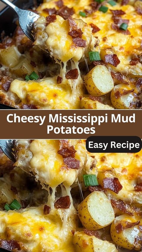 "Cheesy Mississippi Mud Potatoes is a delicious, easy-to-make casserole recipe that combines diced potatoes, crispy bacon, and gooey cheddar cheese for the ultimate comfort food dish. Perfect for potlucks, family dinners, and holiday gatherings, this Potato Dish For A Crowd, Southern Potato Casserole, Potato Dish For Potluck, Dice Potatoes Recipes, Smoked Cheese Potatoes, Mississippi Food Recipes, Potatoe Casserole Easy, Mississippi Potato Casserole, Cheese And Bacon Potatoes