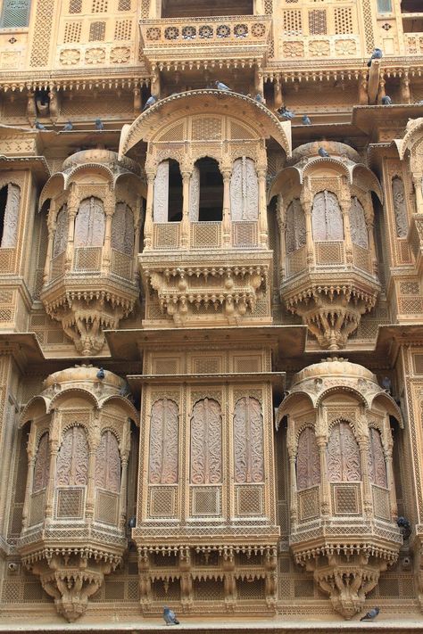 Details from ornately carved Jharokha(s), Patawon ki Haveli, Jaisalmer. Carved in local yellow sandstone , these Haveli(mansions) are one of the finest pieces traditional Rajasthani architecture. Rajasthani Architecture, Architecture Facade, India Architecture, Ancient Indian Architecture, Jaisalmer, Indian Architecture, Ancient India, Beautiful Locations Nature, City Architecture