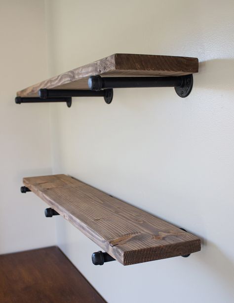 DIY Pipe Shelves: Inspired by restoration hardware Make Shelf, Diy Pipe Shelves, Industrial Pipe Shelves, Diy Pipe, Regal Design, Pipe Furniture, Pallet Shelves, Pipe Shelves, Floating Shelves Diy