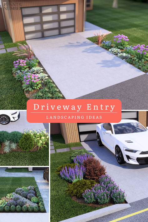 Driveway Entry Landscaping Sidewalk Driveway Landscaping, Landscape Ideas Along Driveway, End Of Driveway Flower Bed Ideas, Front Yard Landscaping Driveway Entrance, Shared Front Yard Landscaping, Driveway Flowers Border, Driveway Lined With Plants, Along The Driveway Landscaping, Landscaping For Driveway Entrance