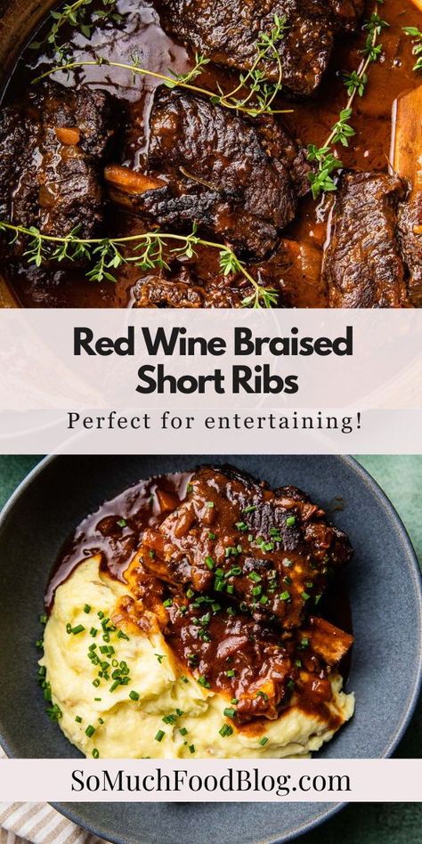 These Red Wine Braised Short Ribs are fall-off-the-bone tender and mind-blowingly delicious. Short ribs slowly simmer in a flavorful red wine and herb sauce until they melt-in-your-mouth. Red Wine Braised Short Ribs, Wine Braised Short Ribs, Braised Short Ribs Recipe, Boneless Short Ribs, Dinner Specials, Beef Short Rib Recipes, Short Ribs Recipe, Herb Sauce, Braised Short Ribs