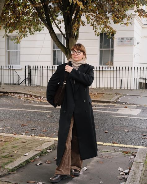 An outfit that combines everything I love at this time of year… cord trousers, vintage striped & a classic long black coat 🖤 Cord Trousers, Long Black Coat, Photo Corners, Long Black, Black Coat, Trousers, I Love, Black