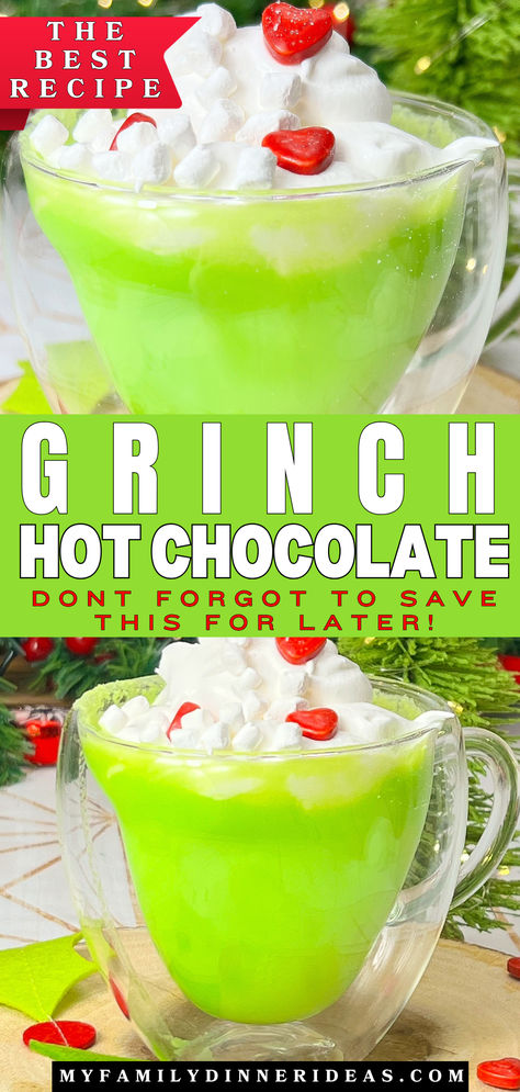 Grinch hot chocolate Grinch Waffles For Kids, Who Pudding Recipe Grinch, Grinch Finger Foods, Grinch Breakfast Ideas, Grinch Jello Shots, Grinch Dessert Ideas, Grinch Breakfast, Green Hot Chocolate, Grinch Hot Chocolate